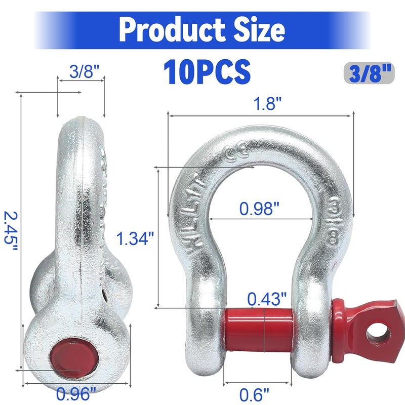 vibedor 3/8" 10 Pcs Heavy Duty Shackle, Galvanized Clevis Shackle Screw Pin, 1 Ton Heavy Shackle for Tow Strap/Winch/Traction Steel Wire/Vehicle Recovery - Image 2